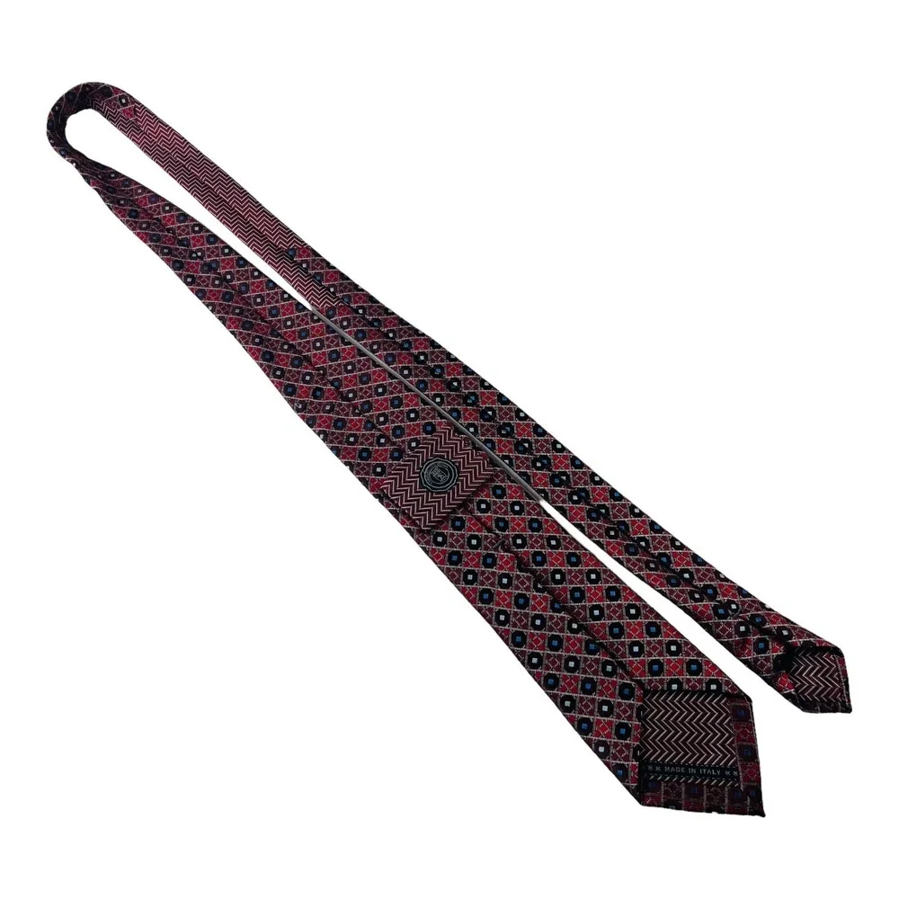 Ermenegildo Zegna Red w/‎ Silver Check w/ Blue Dot Silk Tie Size 3.5